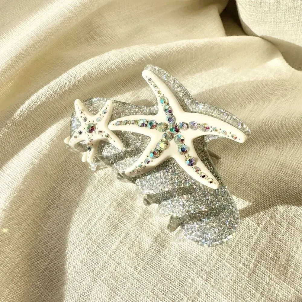Mermaid Starfish Rhinestone Hair Claw Clip | White & Silver Glitter Coastal